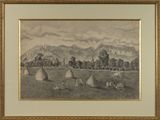 an old drawing of a landscape with a few people and animals in the grass