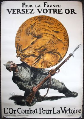 affiche représentant un soldat tenant une pièce d'or sur laquelle figure un lion