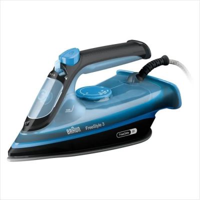 an image of a blue and black steam iron on a white background