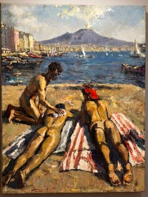 tableau représentant deux hommes assis sur une serviette sur une plage au bord d'un plan d'eau