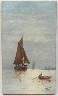 une peinture à l'huile représentant un voilier sur un plan d'eau, avec d'autres bateaux en arrière-plan