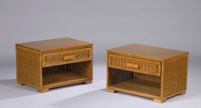 pair of wicker bedside tables with drawers on each side