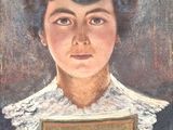 painting of a woman holding a book in her right hand