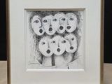 drawing of a group of people with eyes drawn in pencil