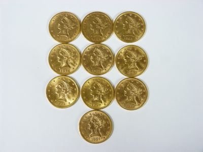 10 pièces de 10 dollars or Liberty, 1881 (x2), 1882,  1892, 1893, 1894