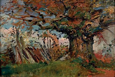 une peinture à l'huile représentant un arbre dans un champ, avec le ciel en arrière-plan