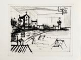 dessin représentant une image en noir et blanc d'une ville avec une tour horloge