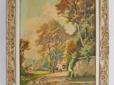 an oil painting of a country road with a house in the distance