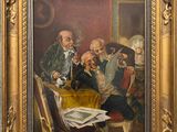 une peinture à l'huile représentant un groupe d'hommes assis autour d'une table