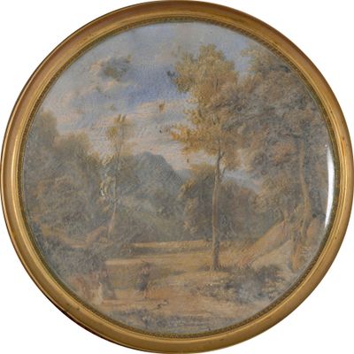 une image d'un tableau représentant un paysage avec des arbres au premier plan