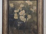painting of white flowers in a vase on a wooden floor