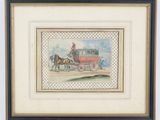 painting of a horse drawn carriage with a man on the back of it
