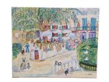 an image of a painting of a street scene with people and dogs