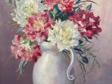 painting of a white vase with pink and white flowers in it