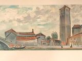 painting of a view of a city with a bridge and a clock tower