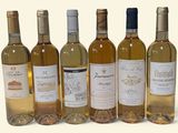 six bottles of wine are lined up in a row on a white surface