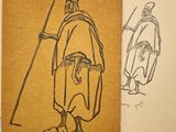 un vieux livre sur lequel figure le dessin d'un homme tenant un bâton