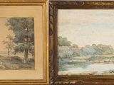 deux tableaux représentant des arbres et une rivière, dans un cadre doré