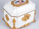 a white box with a picture of a woman on it