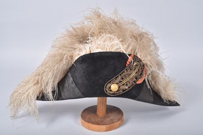 a black hat with a feather on top of it