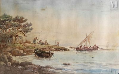 a painting of a boat on the water with people on it