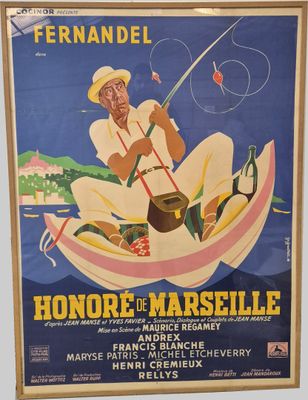 affiche représentant un homme dans un bateau, muni d'une canne à pêche