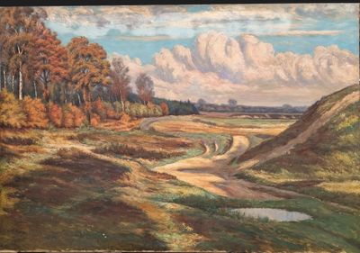 painting of a dirt road in a field with trees in the background