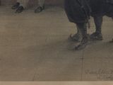 a drawing of a man riding a horse in a stable