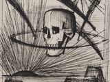 une image représentant un dessin d'un crâne posé sur une table