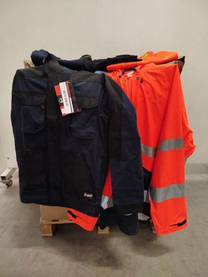 a pile of clothing on a pallet in a warehouse