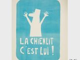 une affiche bleue et blanche avec un chien au centre