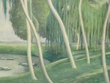 a painting of trees and a river in the background