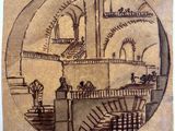 une image représentant un dessin d'un bâtiment avec des escaliers