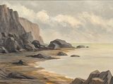 un tableau représentant une plage avec des rochers et un plan d'eau
