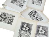 six black and white drawings of a woman sitting on a couch