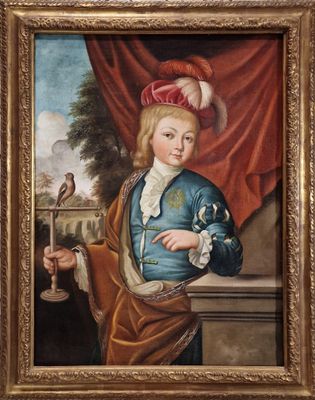 portrait d'un garçon avec un oiseau et une cage à oiseaux, dans un cadre doré