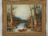 an image of a painting of a river in a wooded area