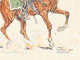 a drawing of a man riding a horse with a hat on