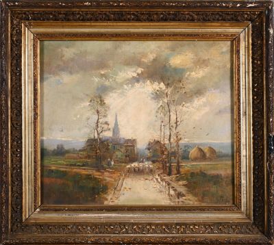 a painting of a country road with a church in the distance