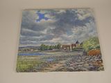 drawing of a painting of a landscape with a river and a church