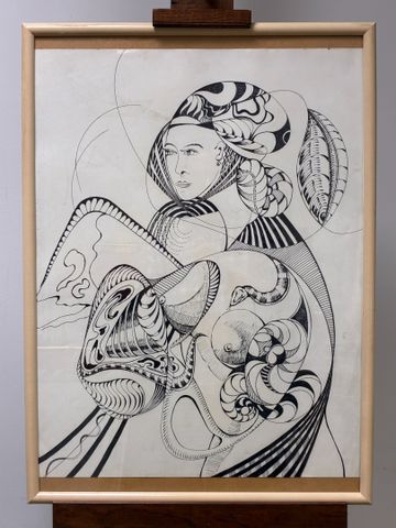Lucien FERRAND (1914-2013). « Portrait de femme stylisée ». Encre
