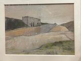 a picture of a painting of a building in the middle of a field