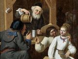 une image représentant un tableau où l'on voit un groupe de personnes dans une grange