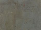 painting of a man standing in front of a wall with writing on it