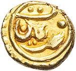 a close up of a gold coin on a white background