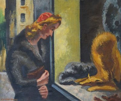 painting of a woman looking out a window at a dog