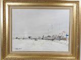 an image of a painting of a snow covered field with a train in the distance
