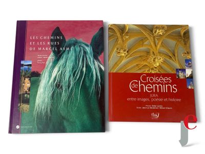 two books on a white surface with a horse ' s head in the background