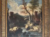 un tableau représentant un paysage avec une rivière et un château