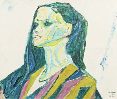 une peinture à l'huile représentant une femme aux cheveux longs vêtue d'une robe rayée
